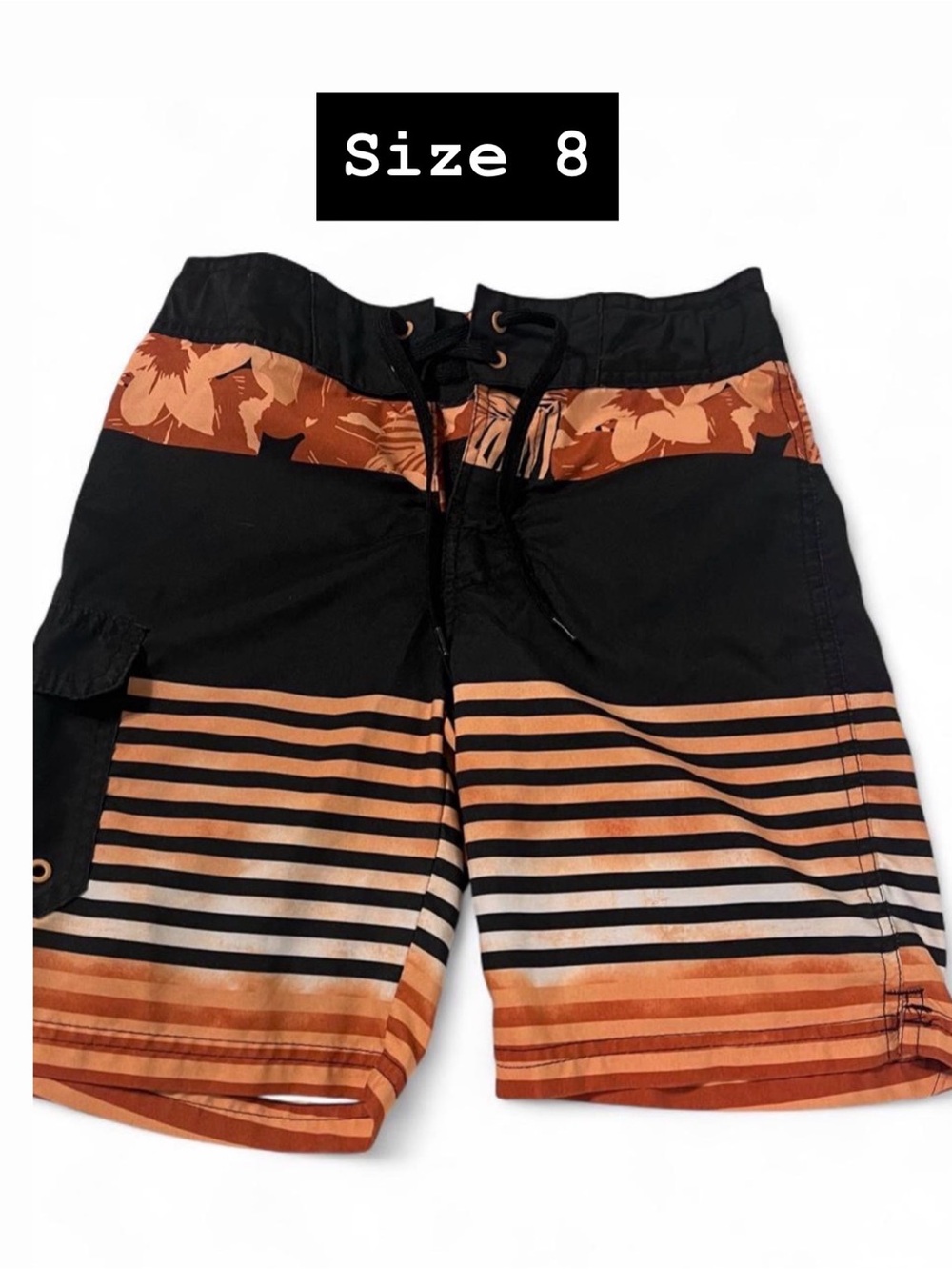 Boys Black & Rust Striped Swim Shorts - Size 8